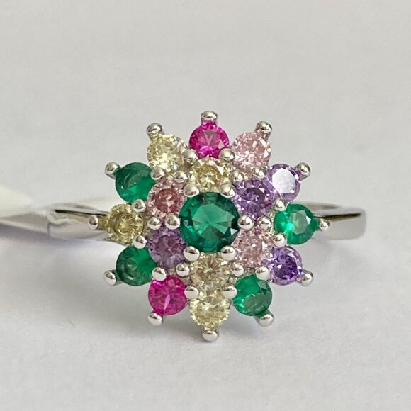 Fruit Salad Cubic Zirconia Halo Ring Rhodium Plated Size 7 8 9 Cocktail Green - Picture 5 of 13